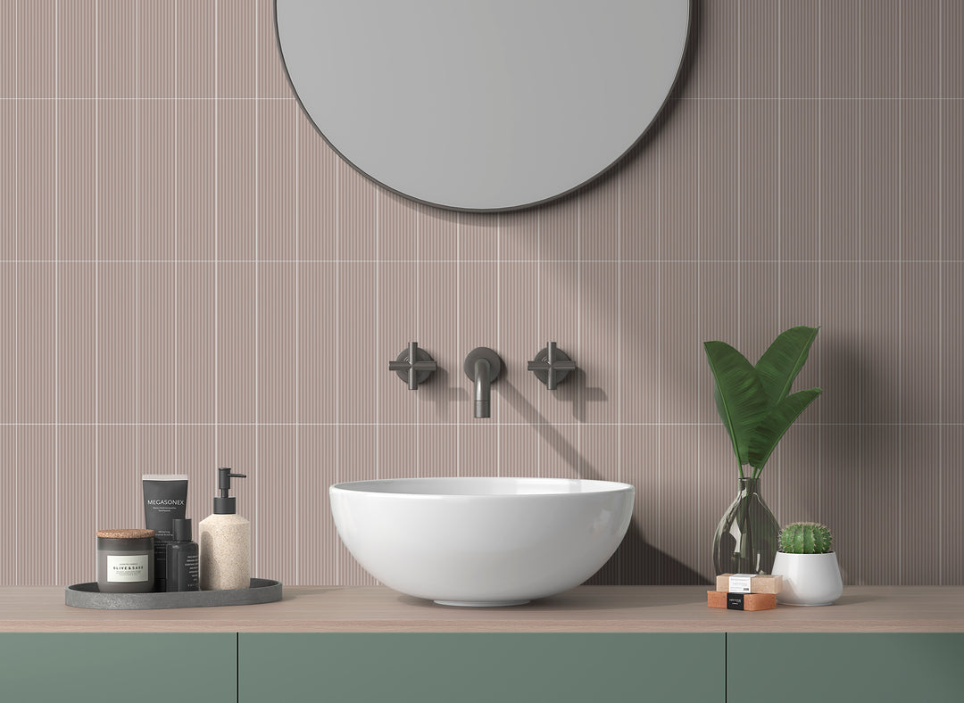 A bold yet balanced shade creates an inviting atmosphere, complemented by Glenbrook Redend Point 2X8 Matte Ceramic.