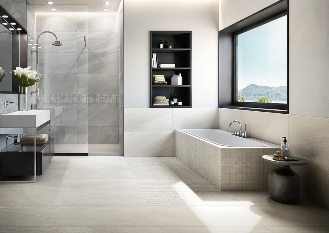 A cool and contemporary surface that enhances any space, featuring Origin Arctic 24X48 Matte Porcelain.