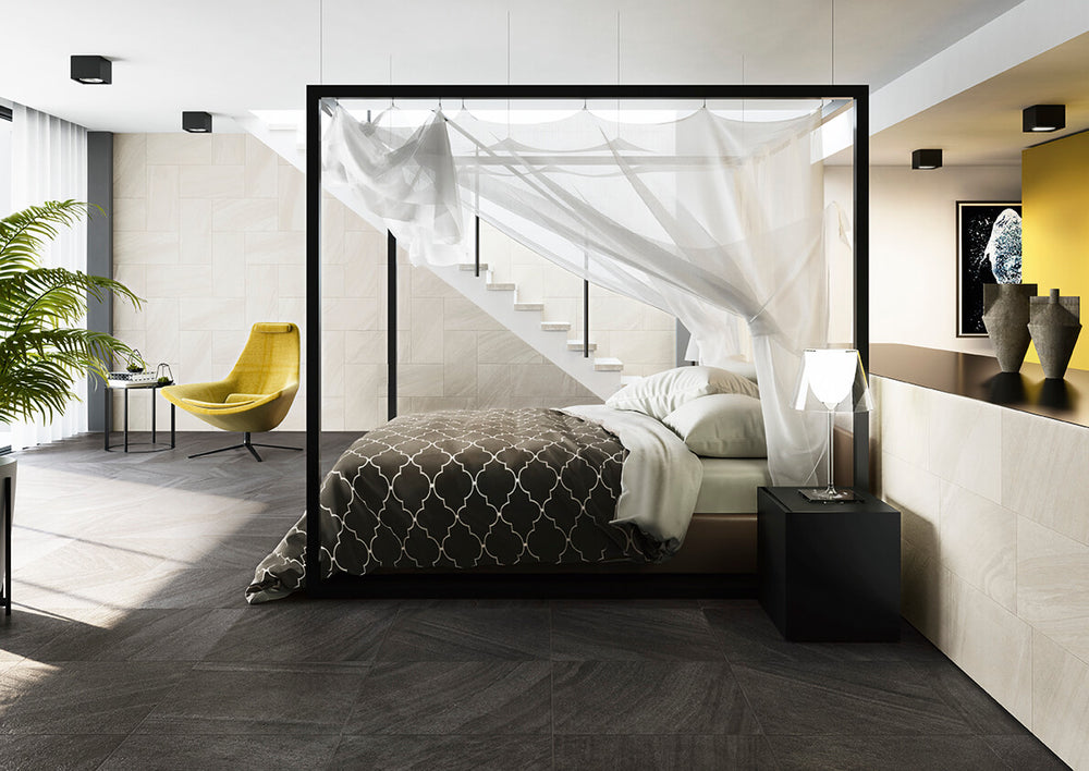 A bold and textured surface inspired by nature, featuring Origin Boulder 24X48 Matte Porcelain.