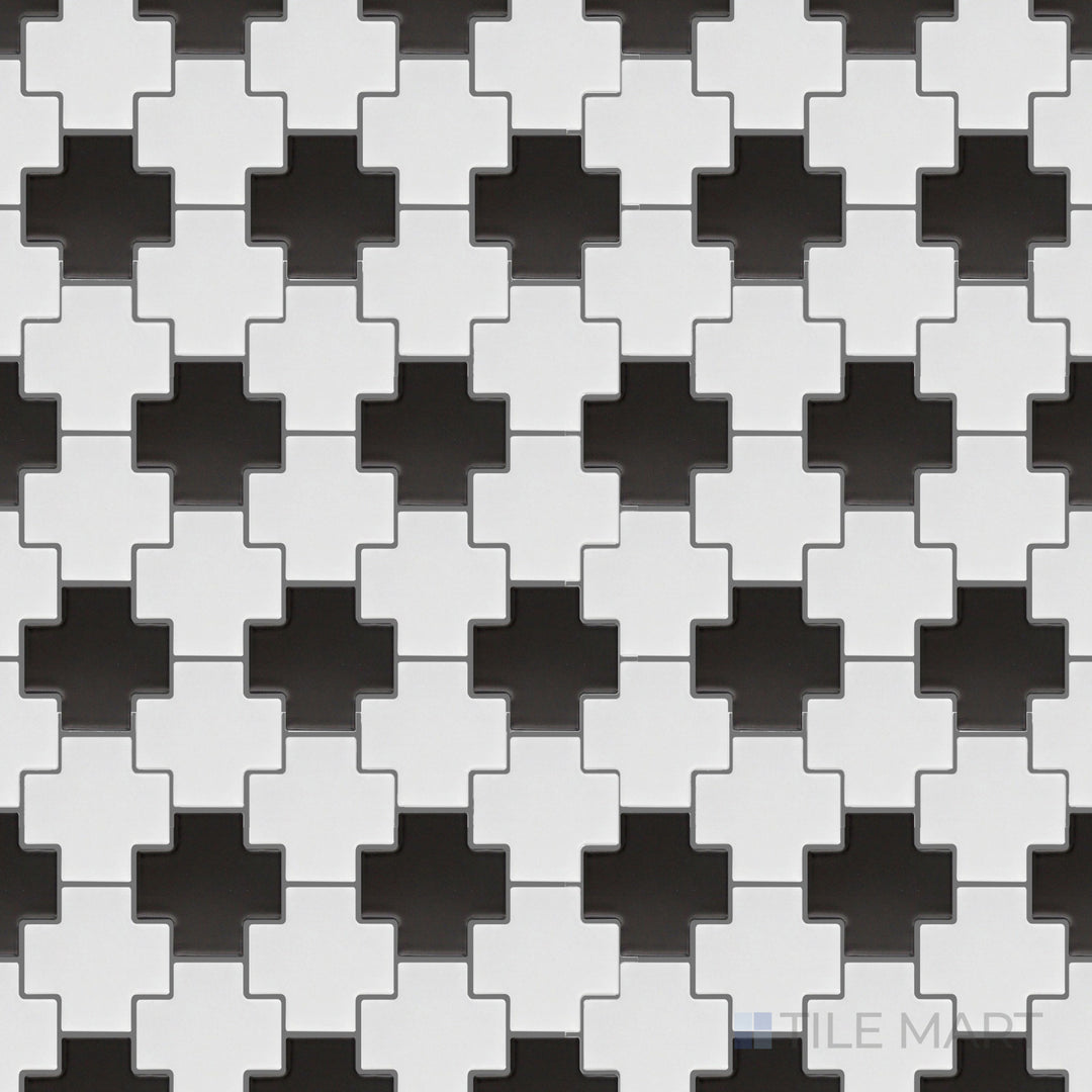 Flat-lay of Porcelain Glazed Mosaics White And Black Cross Matte, a striking geometric tile with bold black-and-white contrast and a smooth matte finish.