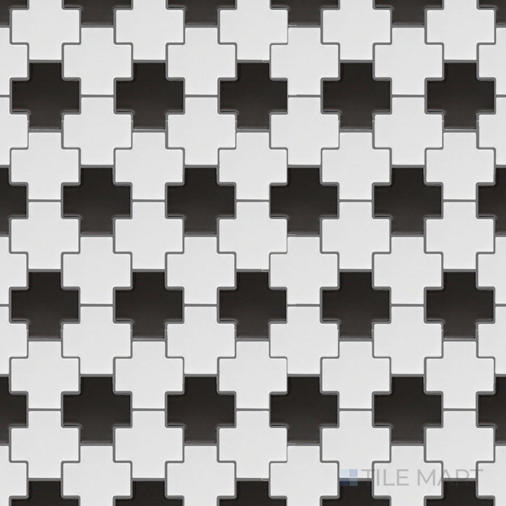 Flat-lay of Porcelain Glazed Mosaics White And Black Cross Matte, a striking geometric tile with bold black-and-white contrast and a smooth matte finish.
