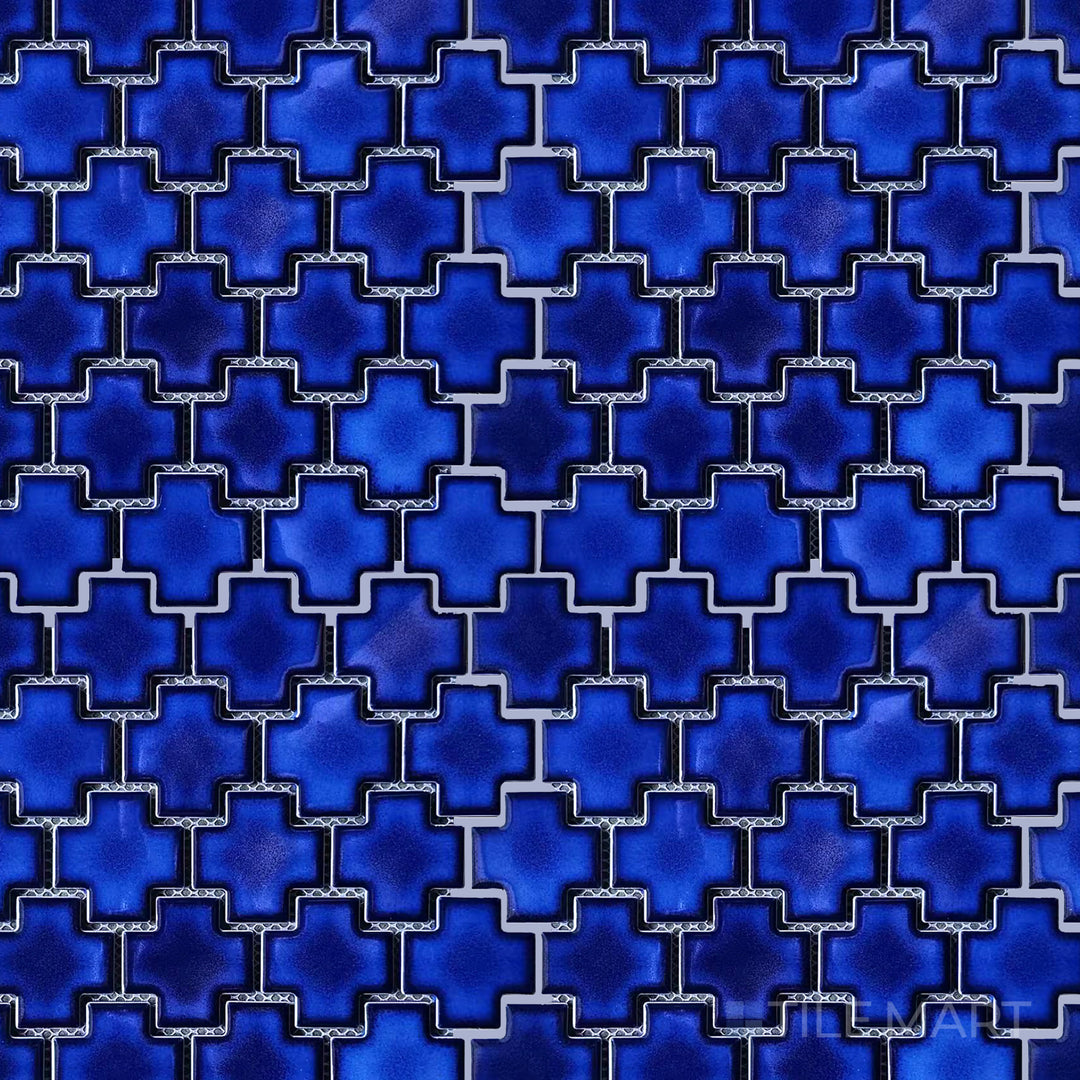 Bird’s-eye shot of Porcelain Glazed Mosaics Cobalt Blue Cross Matte, a deep blue mosaic tile with intricate cross patterns and a matte surface.