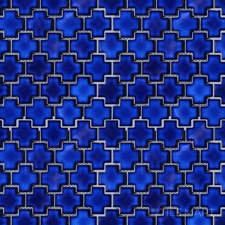 Bird’s-eye shot of Porcelain Glazed Mosaics Cobalt Blue Cross Matte, a deep blue mosaic tile with intricate cross patterns and a matte surface.