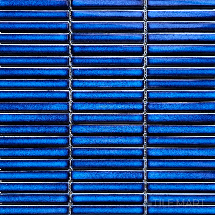 Overhead view of Porcelain Glazed Mosaics Cobalt Blue Mini Sticks Matte, a sleek linear mosaic tile in a vibrant cobalt blue shade with a matte finish.