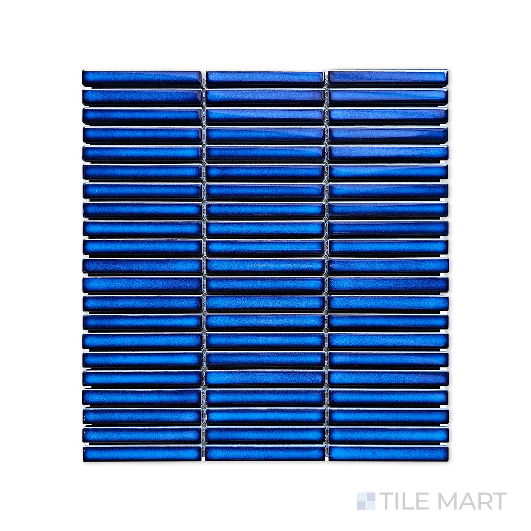 A finely detailed close-up of Porcelain Glazed Mosaics Cobalt Blue Mini Sticks Matte tile reveals its sleek, linear pattern with a soft matte finish for a stylish and modern look.
