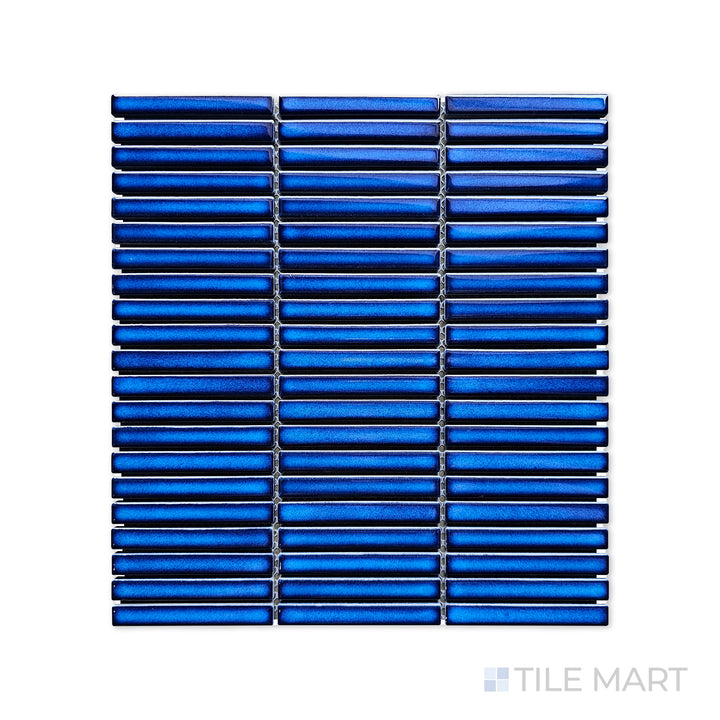 A finely detailed close-up of Porcelain Glazed Mosaics Cobalt Blue Mini Sticks Matte tile reveals its sleek, linear pattern with a soft matte finish for a stylish and modern look.