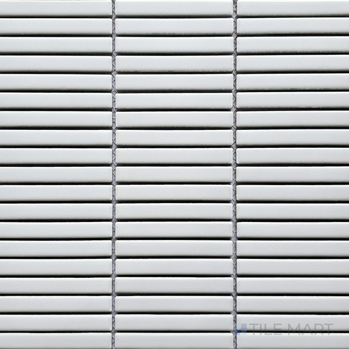 Top-down shot of Porcelain Glazed Mosaics White Mini Sticks Matte, a minimalist white mosaic tile with a structured linear pattern and a matte texture.