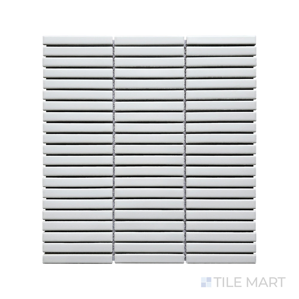 This detailed close-up of Porcelain Glazed Mosaics White Mini Sticks Matte tile captures its clean, minimalist appeal with a soft matte texture and structured linear arrangement.