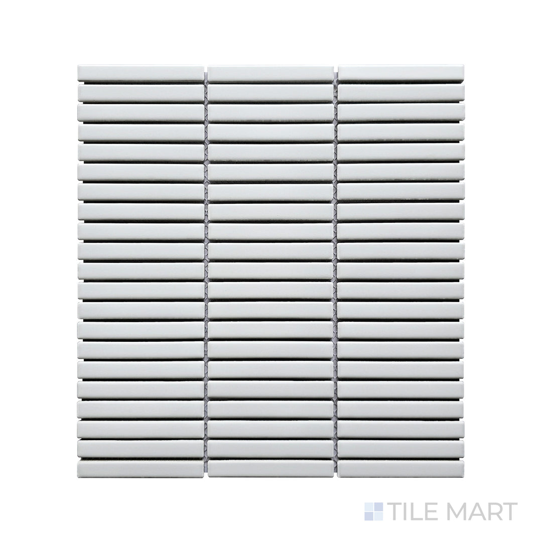 This detailed close-up of Porcelain Glazed Mosaics White Mini Sticks Matte tile captures its clean, minimalist appeal with a soft matte texture and structured linear arrangement.