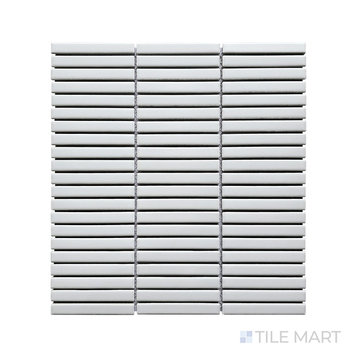 This detailed close-up of Porcelain Glazed Mosaics White Mini Sticks Matte tile captures its clean, minimalist appeal with a soft matte texture and structured linear arrangement.