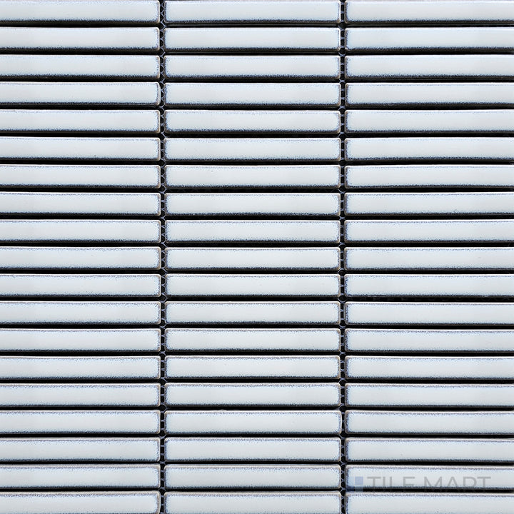 Bird’s-eye view of Porcelain Glazed Mosaics Aged White Mini Sticks Matte, a textured white mosaic tile with a soft matte finish for a refined look.