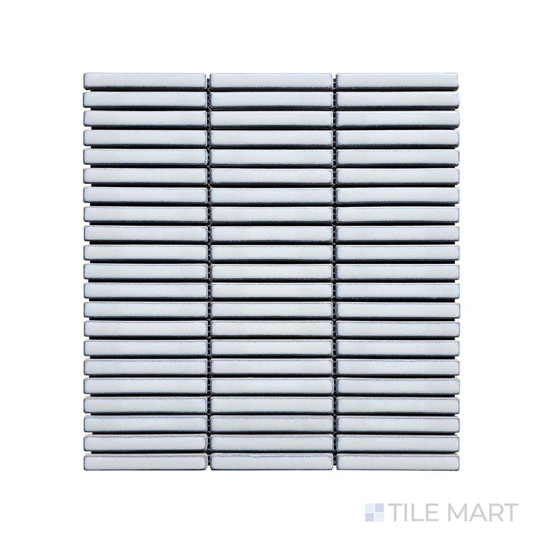 Focused on the intricate surface, this close-up of Porcelain Glazed Mosaics Aged White Mini Sticks Matte tile showcases its delicate aging effect and subtle matte finish.