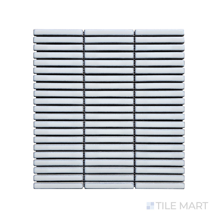 Focused on the intricate surface, this close-up of Porcelain Glazed Mosaics Aged White Mini Sticks Matte tile showcases its delicate aging effect and subtle matte finish.