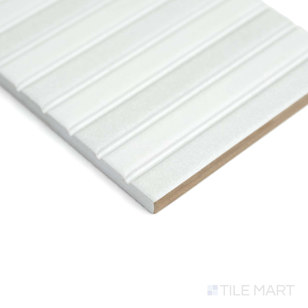 Corner view shows Roku White 4.5X9 matte porcelain tile, capturing its clean surface and minimalistic tone.