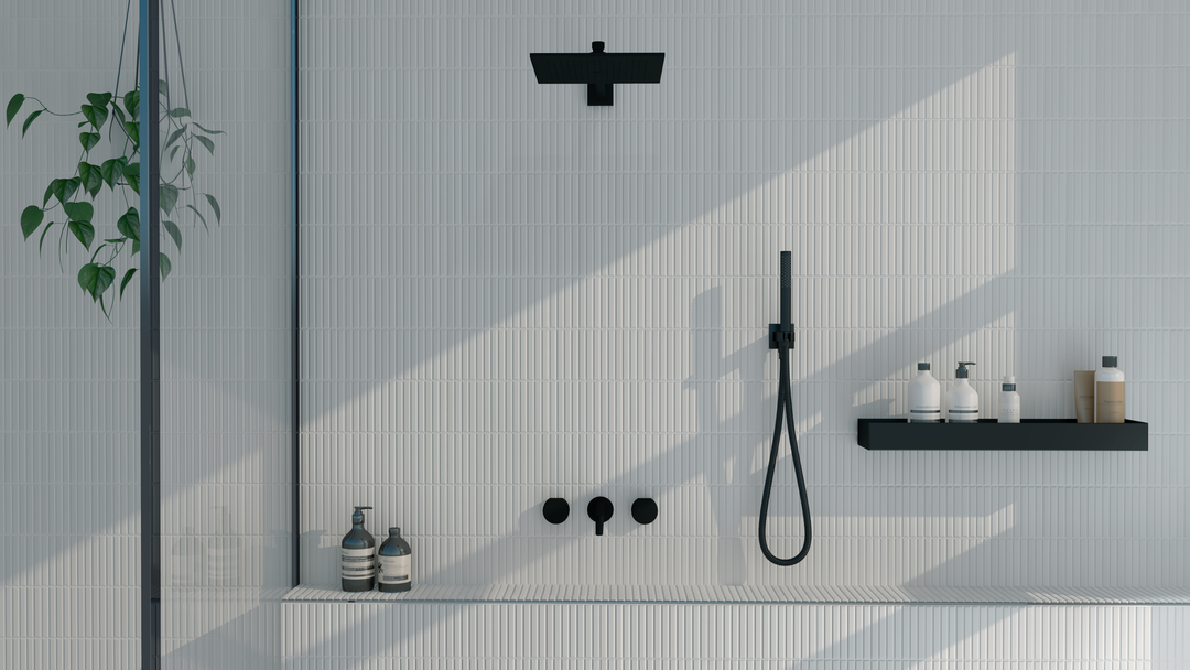 A clean and crisp tone adds modern elegance, highlighted by Roku White 4.5X9 Matte Porcelain.