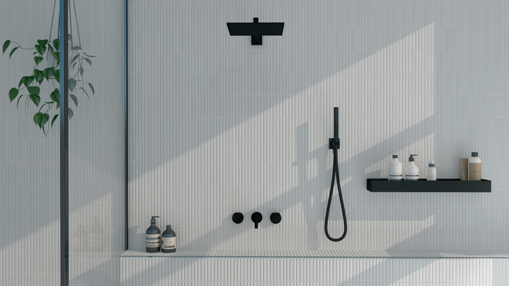 A clean and crisp tone adds modern elegance, highlighted by Roku White 4.5X9 Matte Porcelain.