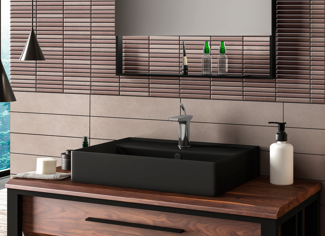 A bold and striking statement comes to life, complemented by Roku Red 4.5X9 Matte Porcelain.