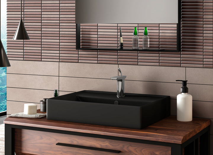 A bold and striking statement comes to life, complemented by Roku Red 4.5X9 Matte Porcelain.