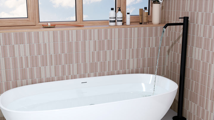 A bold and statement-making design using Roku Red 4.5X9 Matte Porcelain, adding a touch of vibrancy to walls and floors.