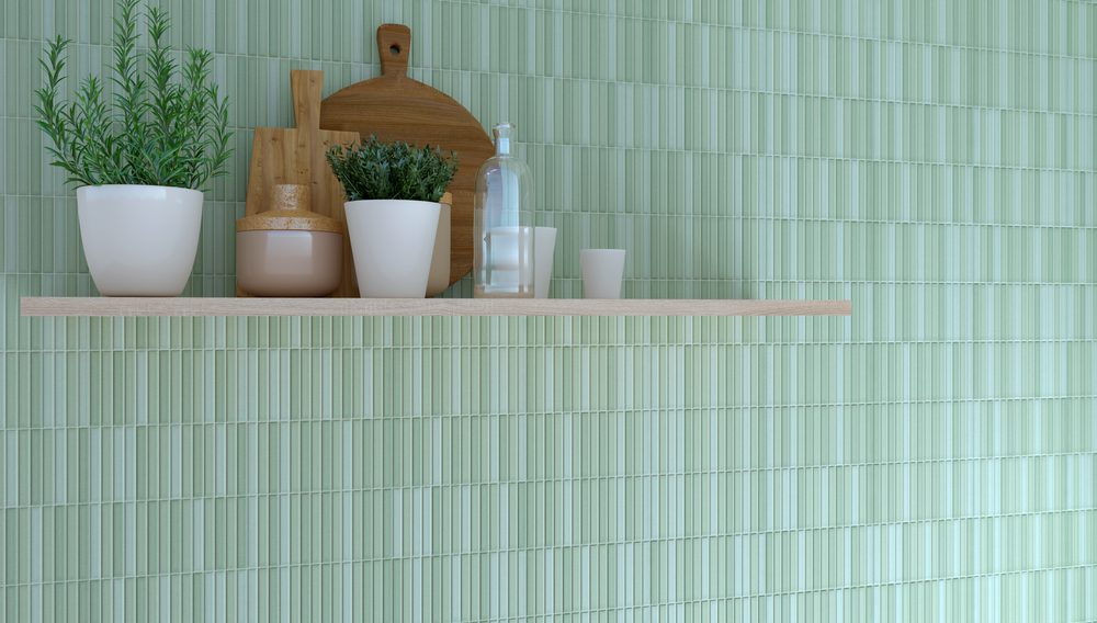 A lush, natural aesthetic is captured with Roku Green 4.5X9 Matte Porcelain, bringing a fresh and organic vibe to contemporary spaces.