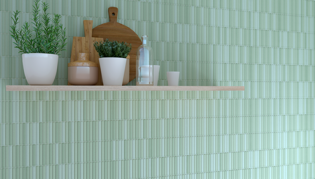 A lush, natural aesthetic is captured with Roku Green 4.5X9 Matte Porcelain, bringing a fresh and organic vibe to contemporary spaces.