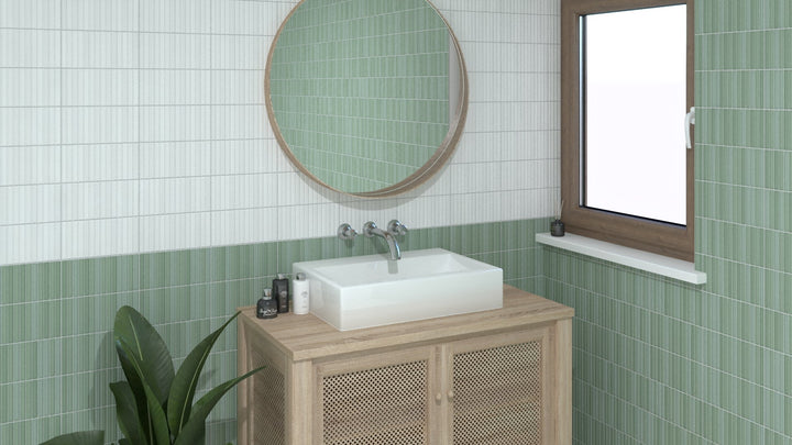 A muted green matte finish adds a soft, natural touch, creating a refreshing and balanced atmosphere with Roku Green 4.5x9 matte porcelain.