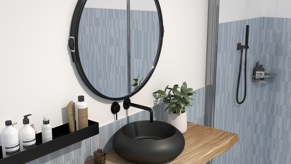 A deep and vibrant shade enhances the design, featuring Roku Blue 4.5X9 Matte Porcelain.