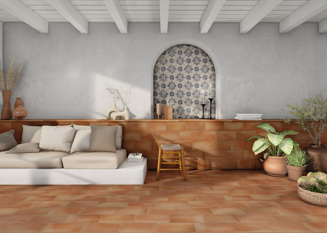 Fuego Antic 9x9 matte porcelain tile shown in a built-out space, with vintage surface variation and compact square format for classic character.