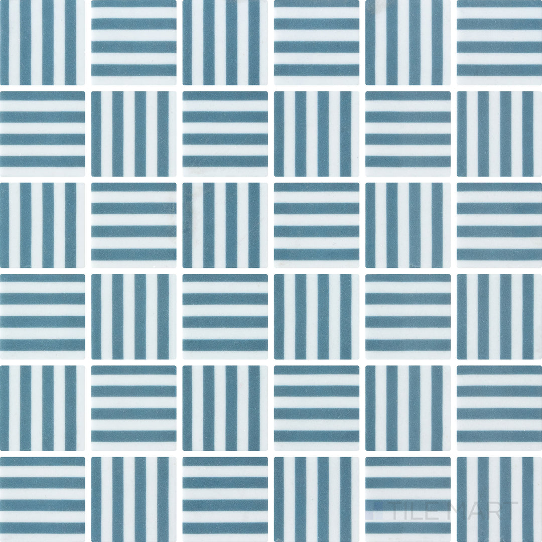 Top-down view of Onix Glass Icon Navy Blue mosaic tile featuring 2-inch square pieces with a Bidart matte finish, showcasing deep blue tones and a refined texture.