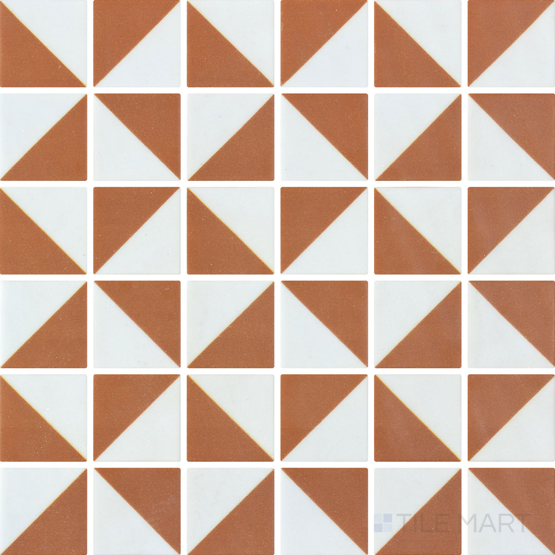 Overhead shot of Onix Glass Icon Ginger mosaic tile with 2-inch squares, displaying warm ginger hues in an Origami matte pattern for a contemporary look.