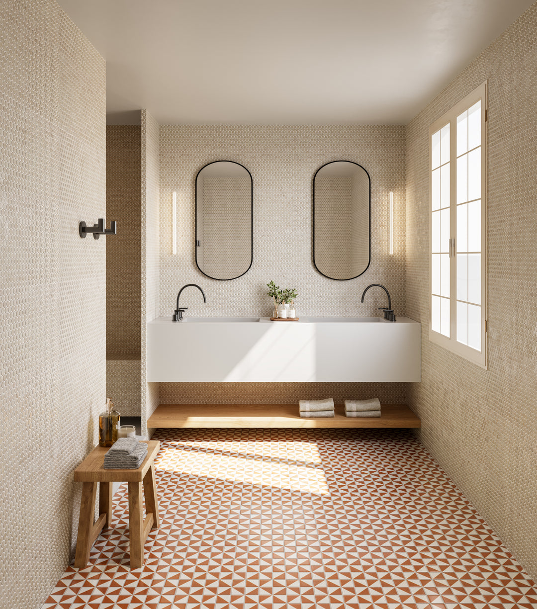 A contemporary and artistic look with Onix Glass - Icon Ginger 2" Square Origami Matte Mosaic, adding intricate details to backsplashes and feature walls.