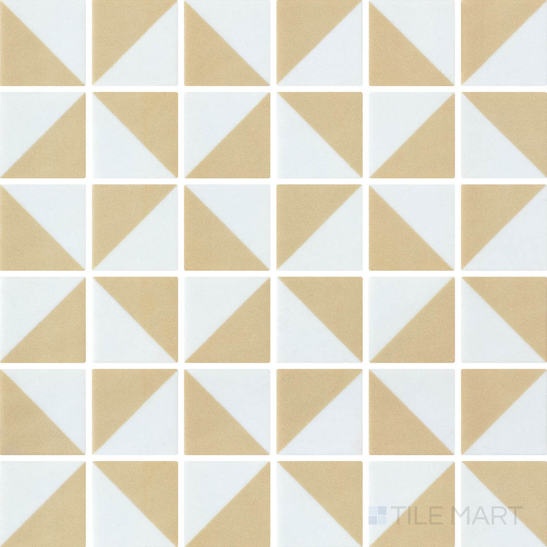 Flat-lay image of Onix Glass Icon Vanilla mosaic, composed of 2-inch squares in a soft vanilla shade with a stylish Origami matte finish.