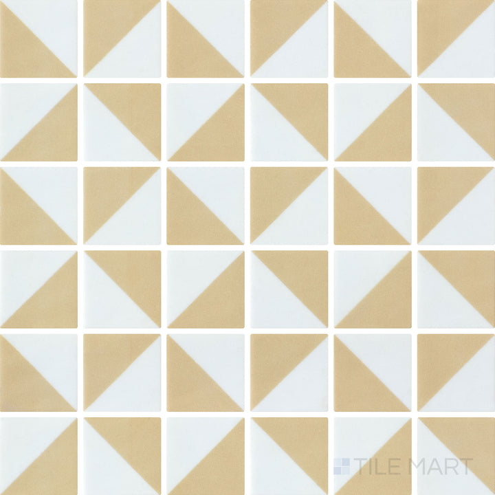 Flat-lay image of Onix Glass Icon Vanilla mosaic, composed of 2-inch squares in a soft vanilla shade with a stylish Origami matte finish.