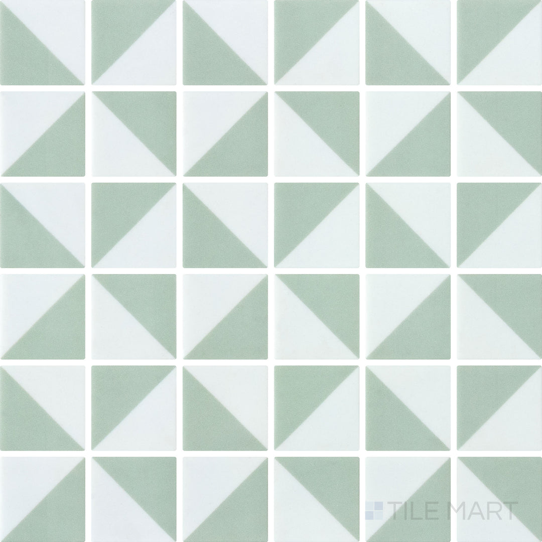 Top-down view of Onix Glass Icon Sage Green mosaic tile with 2-inch square pieces, featuring a Memphis matte finish that enhances its soft green hues.