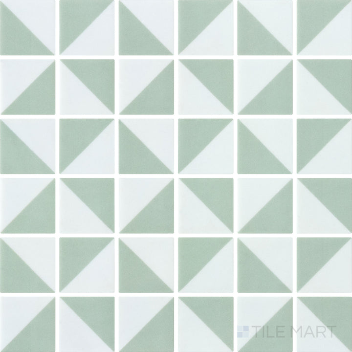 Top-down view of Onix Glass Icon Sage Green mosaic tile with 2-inch square pieces, featuring a Memphis matte finish that enhances its soft green hues.