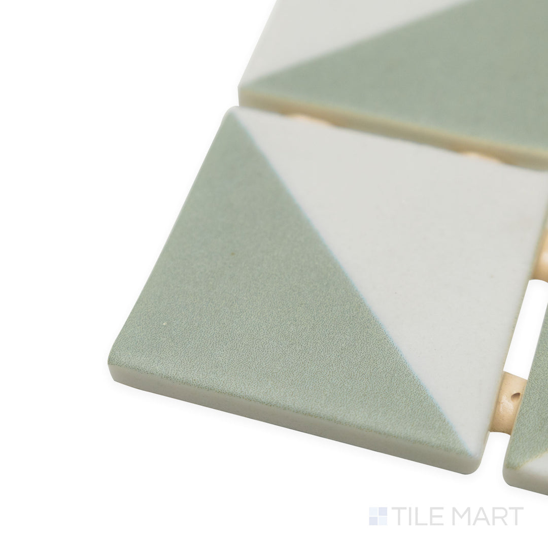 Corner-focused shot of Onix Glass Icon Sage Green 2" square Memphis matte mosaic, highlighting its muted green finish, subtle texture, and smooth transition between edges.