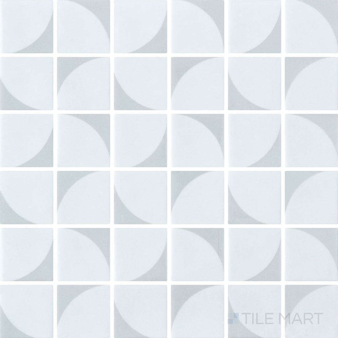 Overhead shot of Onix Glass Icon Light Grey mosaic tile, showcasing 2-inch square pieces with a Memphis matte texture for a modern, neutral aesthetic.