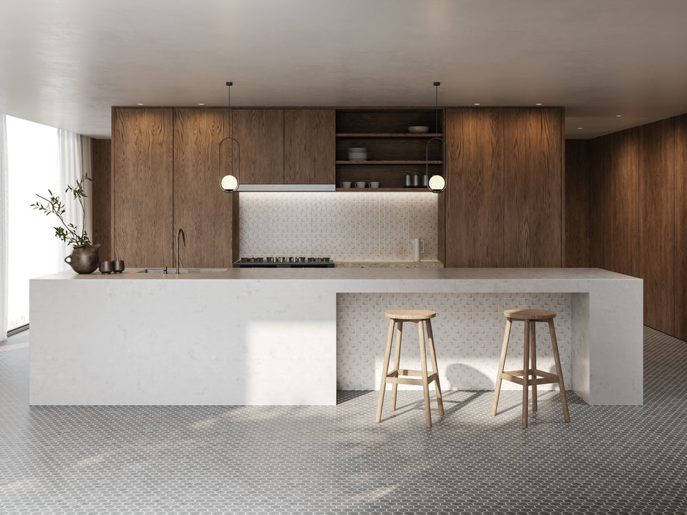 A balanced and understated surface that enhances modern decor, featuring Onix Glass - Icon Light Grey 2