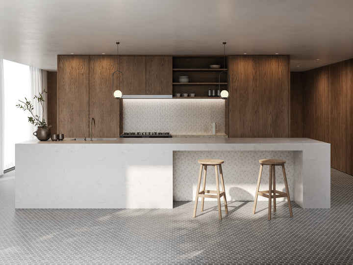 A balanced and understated surface that enhances modern decor, featuring Onix Glass - Icon Light Grey 2" Square Memphis Matte Mosaic.