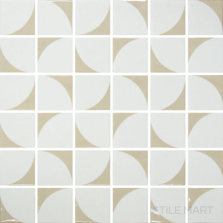 Top-down image of Onix Glass Icon Beige 2-inch square mosaic tile, featuring a Memphis matte finish that enhances its warm, earthy tones.