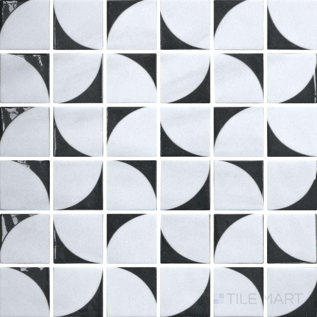 Flat-lay image of Onix Glass Icon Black 2-inch square mosaic tile with a Memphis matte finish, offering a deep, bold tone for contemporary spaces.