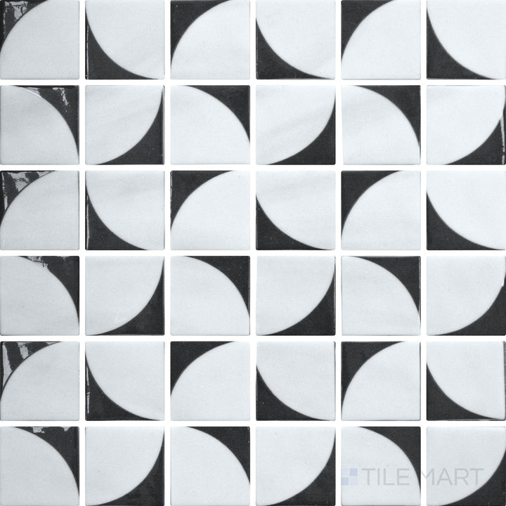 Flat-lay image of Onix Glass Icon Black 2-inch square mosaic tile with a Memphis matte finish, offering a deep, bold tone for contemporary spaces.