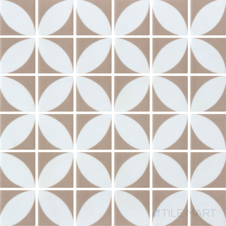 Overhead shot of Onix Glass Icon Moka mosaic tile, designed with 2-inch square pieces in a rich brown hue, complemented by a smooth Azalea matte finish.