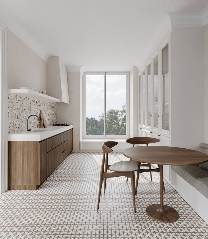 A warm and inviting shade with a refined texture, complemented by Onix Glass - Icon Moka 2" Square Azalea Matte Mosaic.