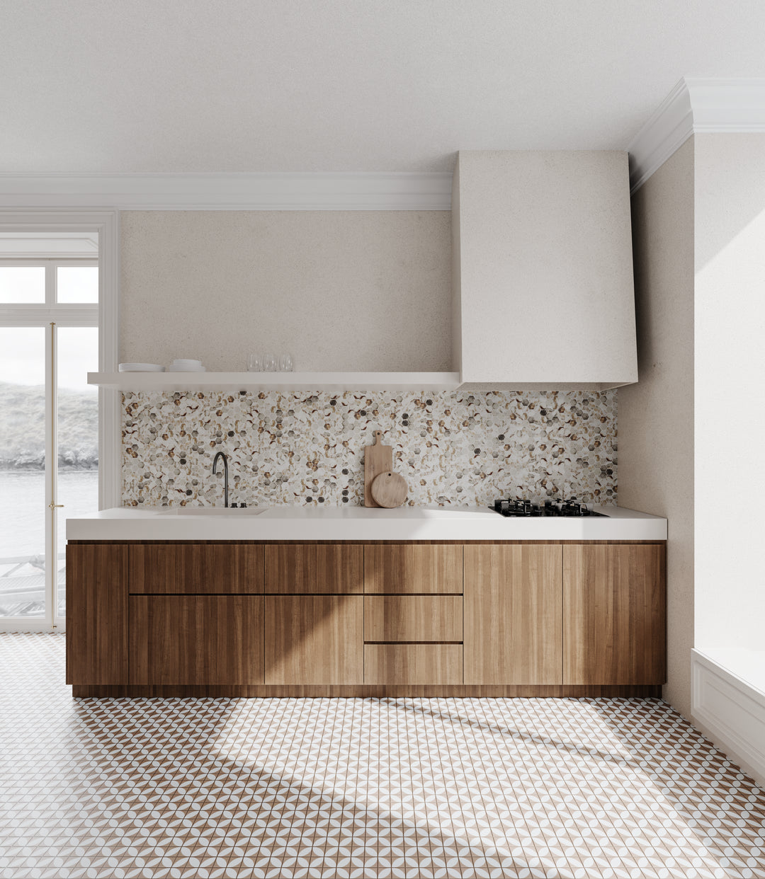 A soft and elegant texture displayed with Onix Glass - Icon Moka 2" Square Azalea Matte Mosaic, perfect for sophisticated interiors.