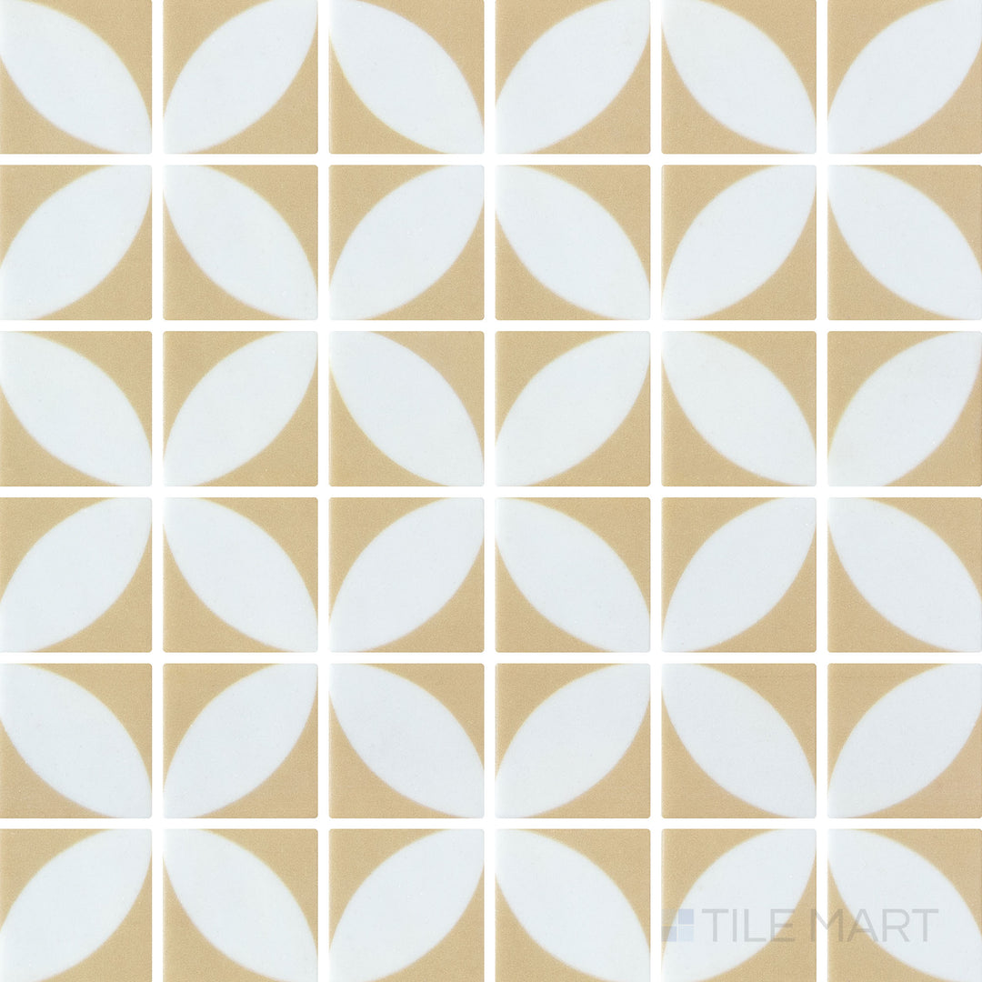 Flat-lay image of Onix Glass Icon Vanilla 2-inch square mosaic tile with an Azalea matte finish, displaying a soft neutral tone for versatile design applications.