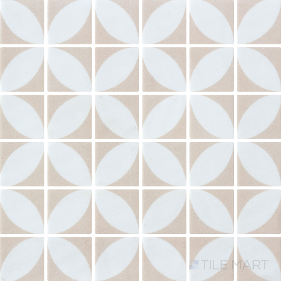 Top-view of Onix Glass Icon Pink 2-inch square mosaic tile, featuring an Azalea matte surface that enhances its delicate pastel shade.