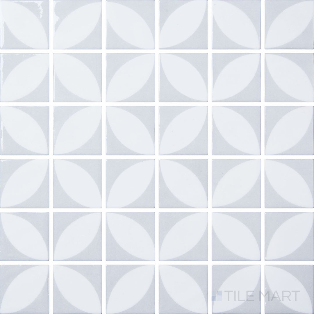 Overhead image of Onix Glass Icon Light Grey 2-inch square mosaic tile with an Azalea matte finish, showcasing a contemporary neutral color.