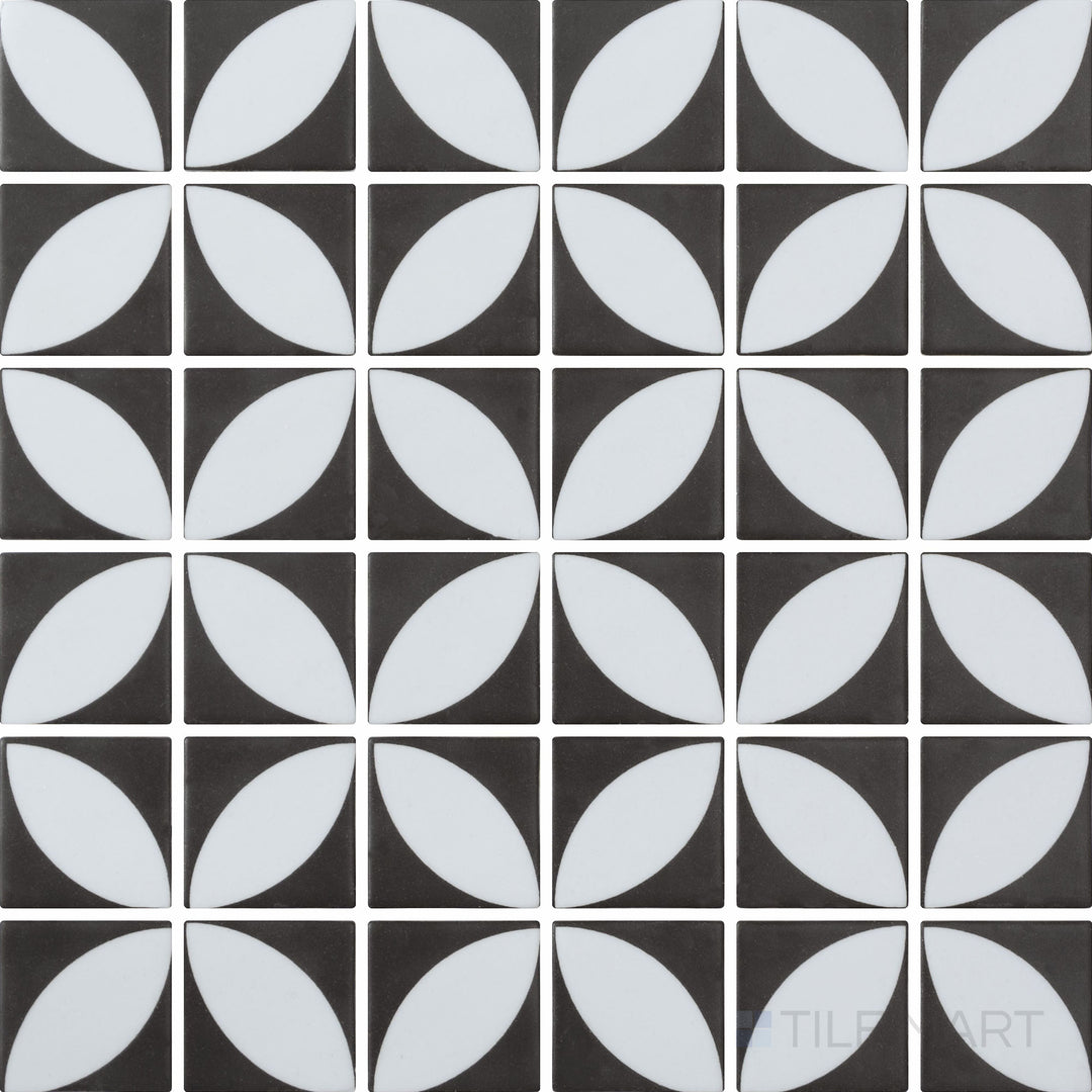 Top-down view of Onix Glass Icon Black 2-inch square Azalea matte mosaic, offering a dramatic and refined appearance for modern spaces.