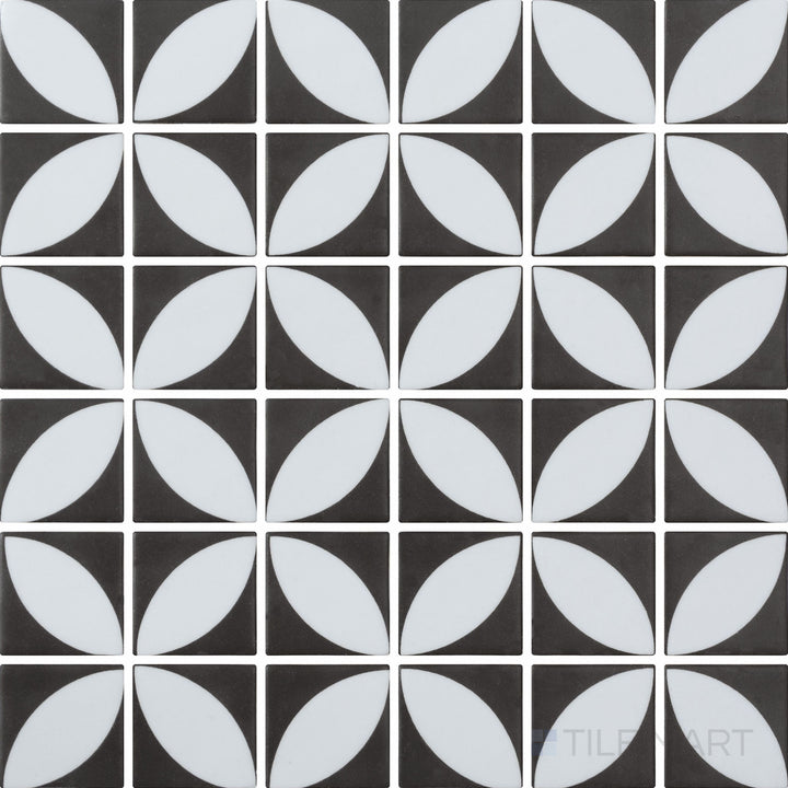 Top-down view of Onix Glass Icon Black 2-inch square Azalea matte mosaic, offering a dramatic and refined appearance for modern spaces.